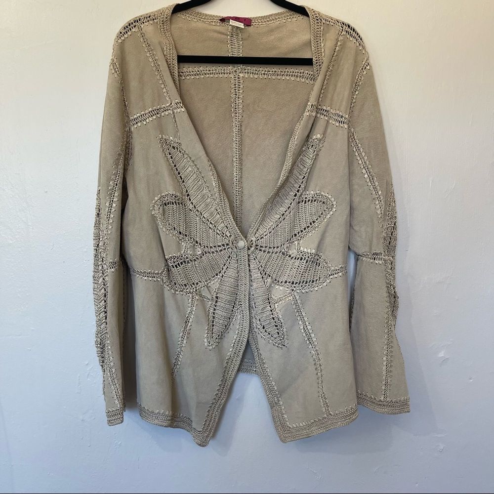 IDI Tan/Cream Leather & Crochet Sweater